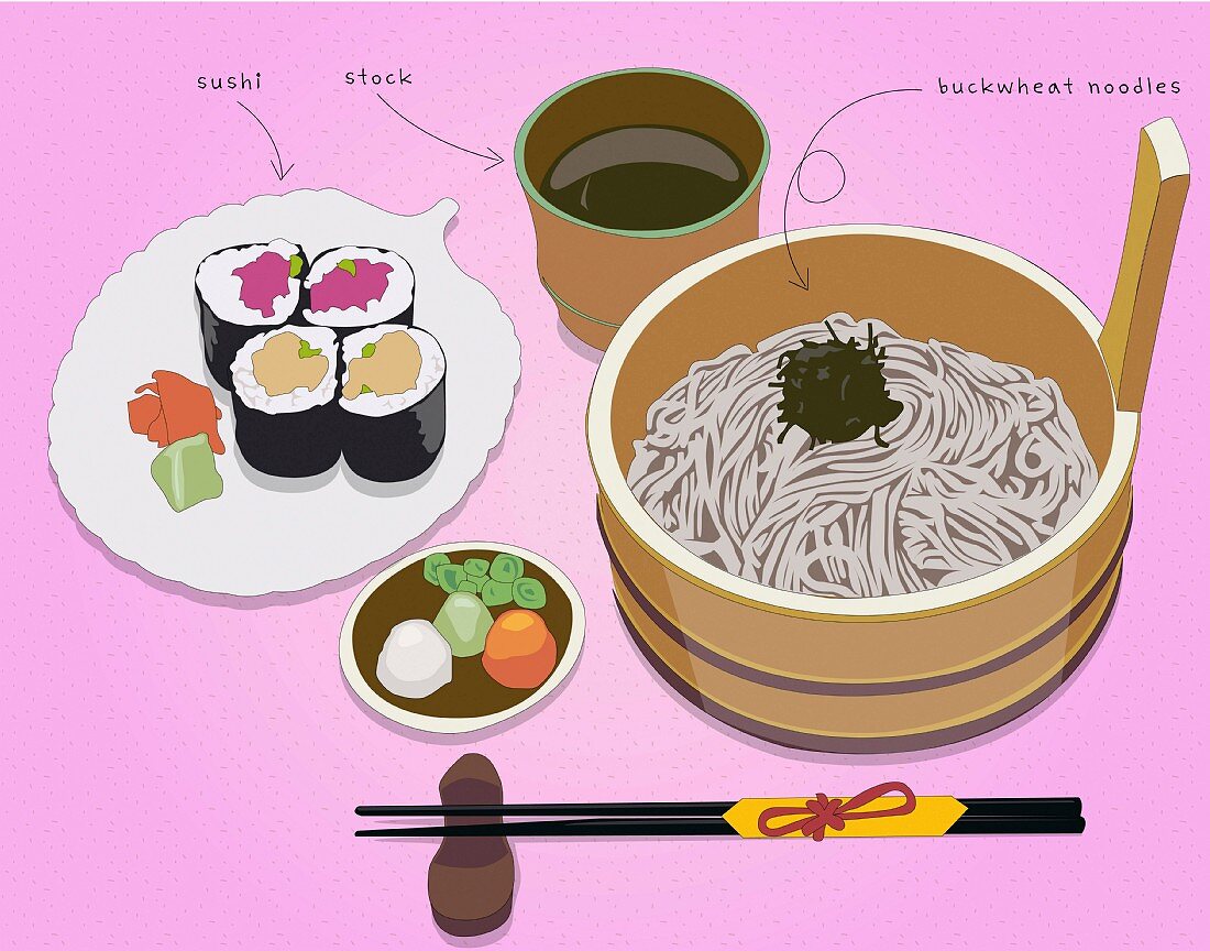 Sushi, stock and buckwheat noodles (illustration)