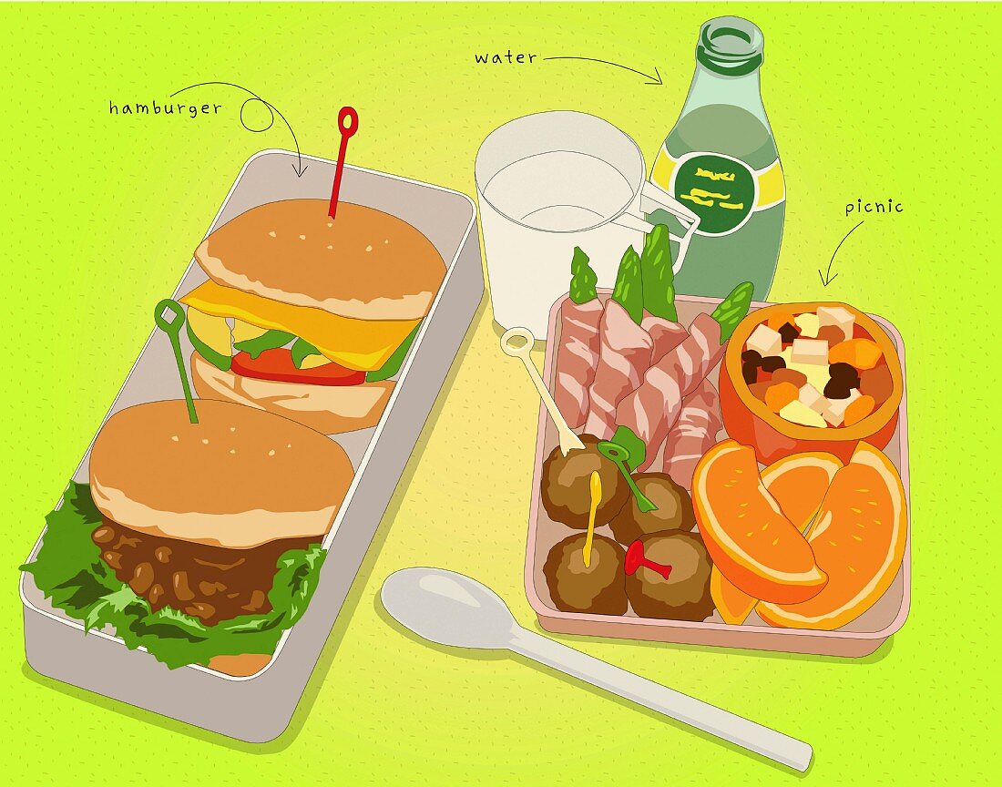 Hamburgers, snacks and drinks (illustration)