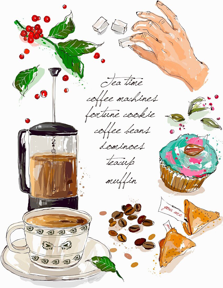 Stillleben mit Kaffeebereiter, Kaffeetasse & Gebäck (Illustration)