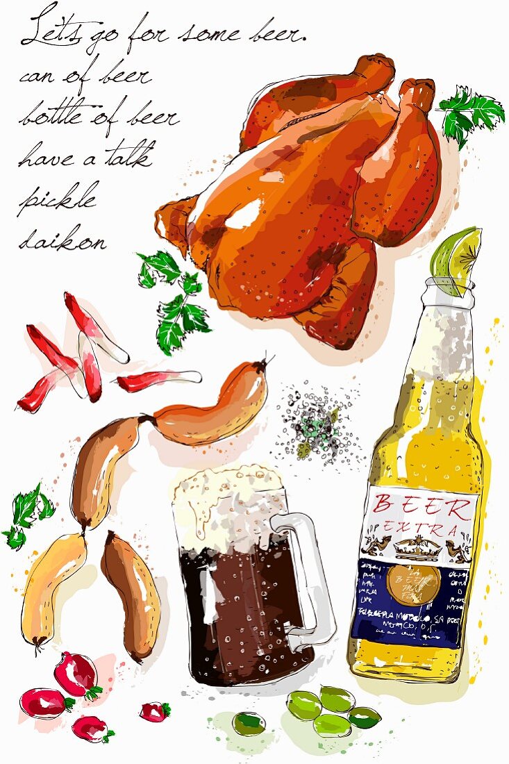 An arrangement of roast chicken, sausage, a bottle of beer and a glass of beer (illustration)