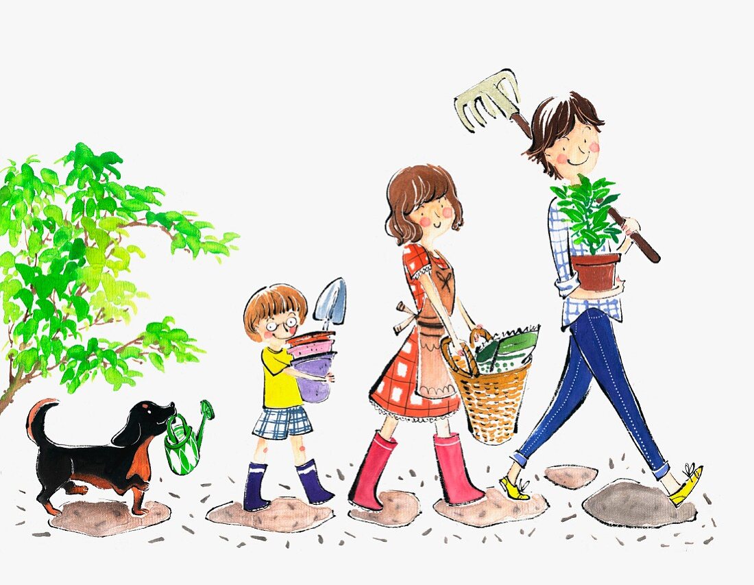 A family with a dog carrying plants and garden utensils (illustrations)