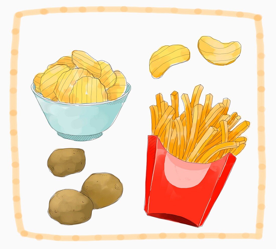 Stillleben mit Kartoffeln, Kartoffelchips & Pommes Frites (Illustration)