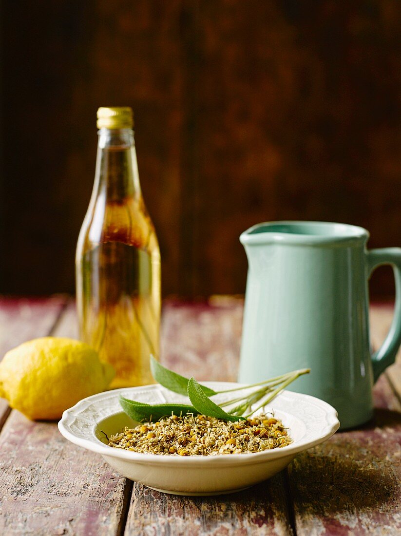 Chamomile flower tea, and lemon juice and vinegar as rinses for hair