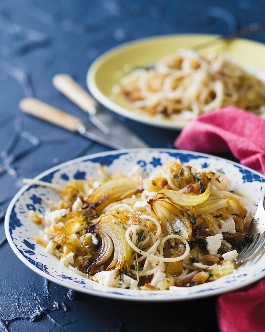 Spaghetti with sweet onions and feta cheese