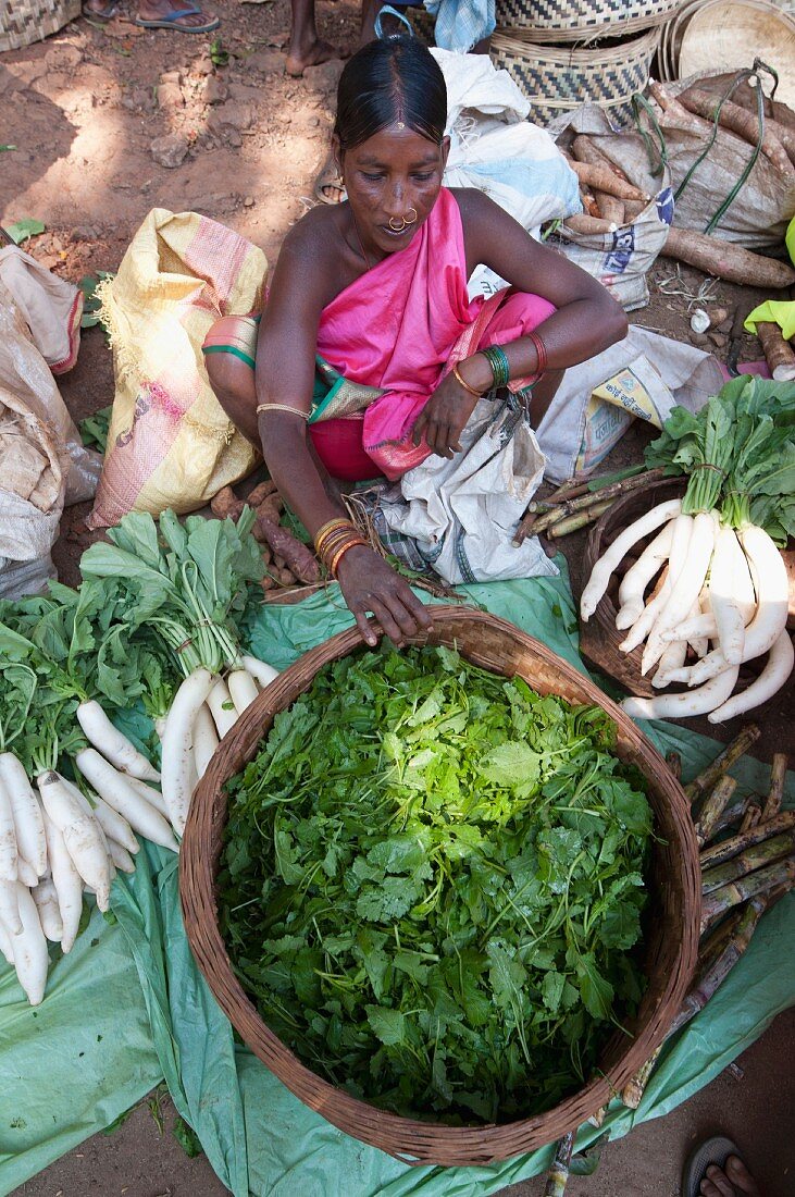 A Mali tribeswoman in pink sari selling fresh coriander and white radish at the weekly market in Guneipada, Orissa, India