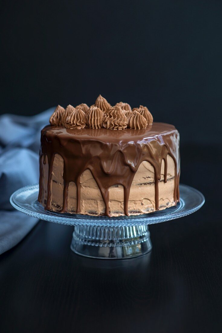 Schokoladenkuchen mit Nussnougatfüllung und Schokoladen-Fudge-Glasur