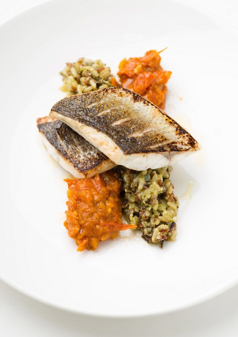 Seabass on rice and a pepper relish