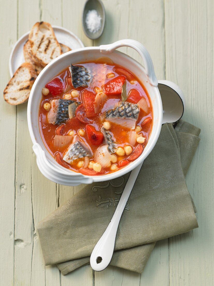 Portuguese chickpea stew with grey mullet and chorizo