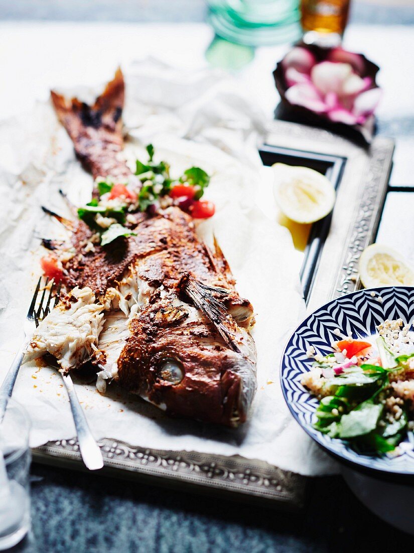 Fried snapper with bulgur salad