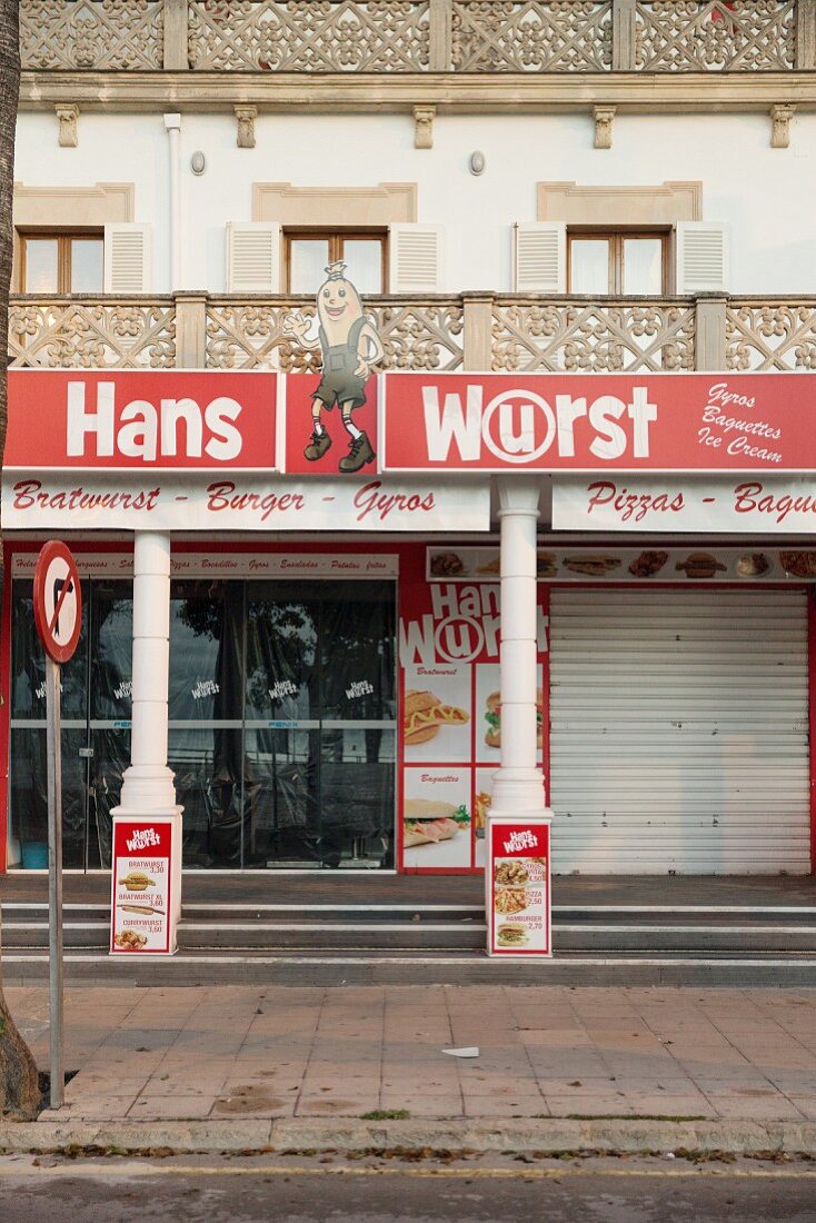 Hans Wurst fast food shop on the beach promenade, El Arenal, Majorca
