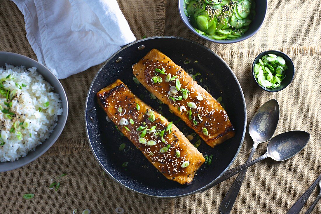 Miso salmon fillets with rice and cucumber salad (Japan)