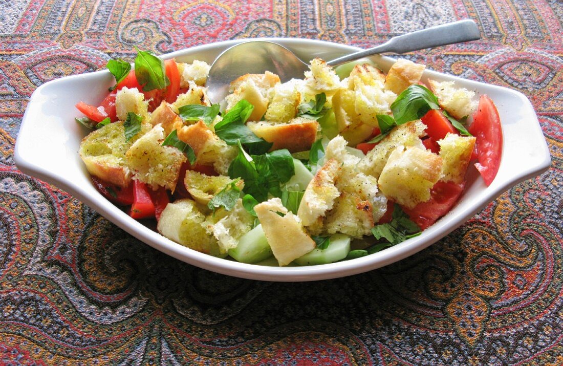 Bread salad with peppers and cucumbers