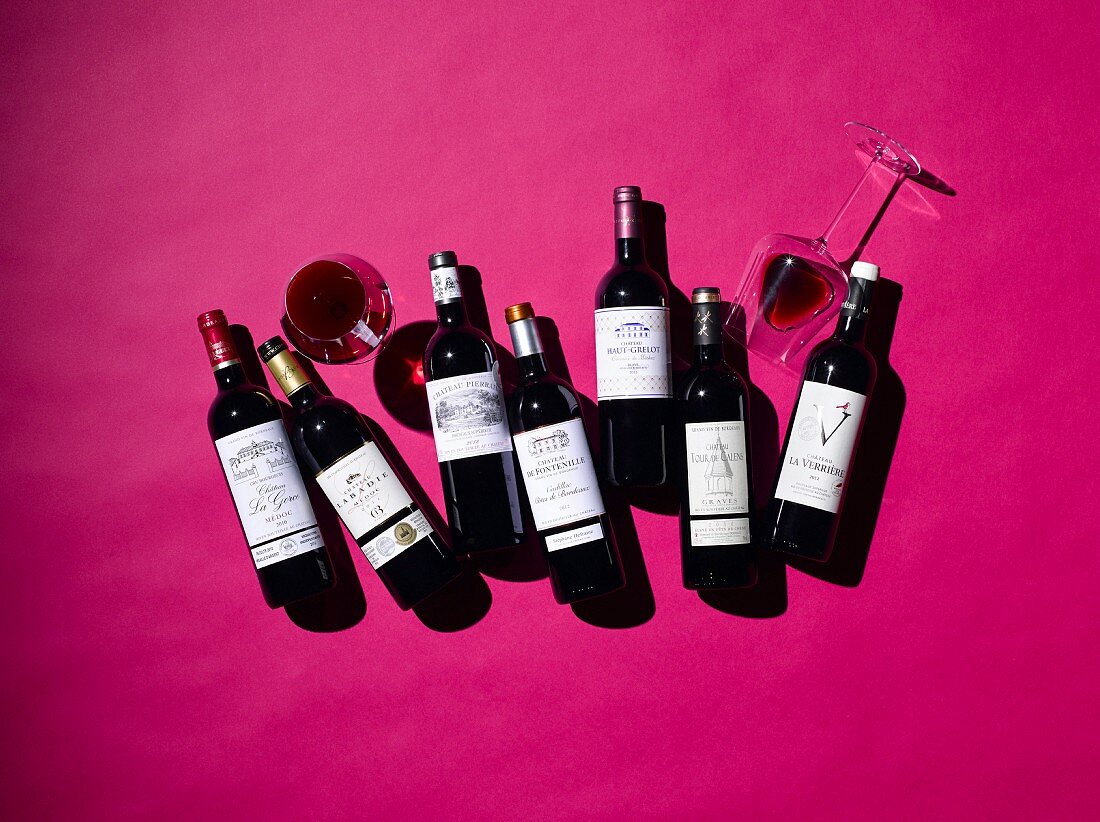 Bottles of red wine from Bordeaux