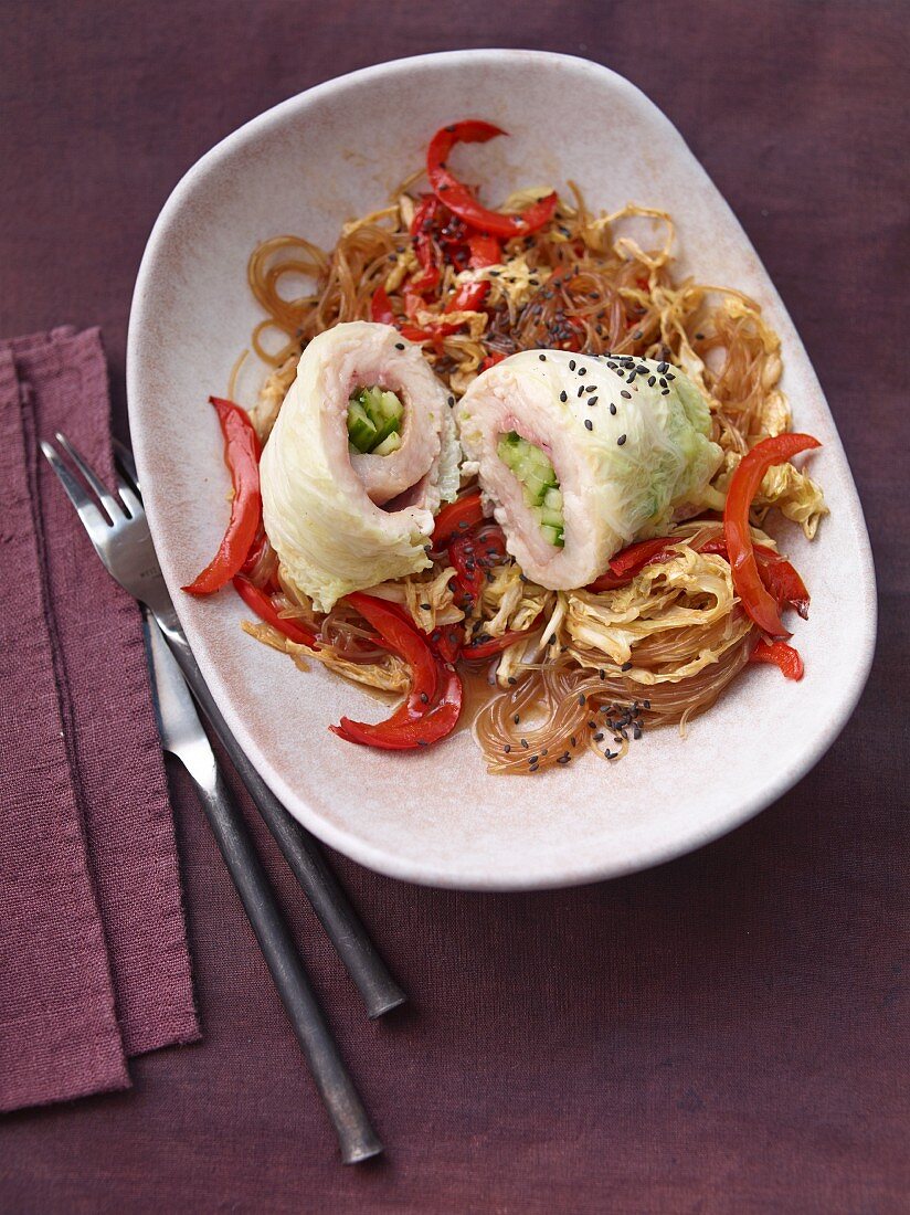 Steamed Chinese cabbage with char and ginger gherkins on sweet-and-sour glass noodles