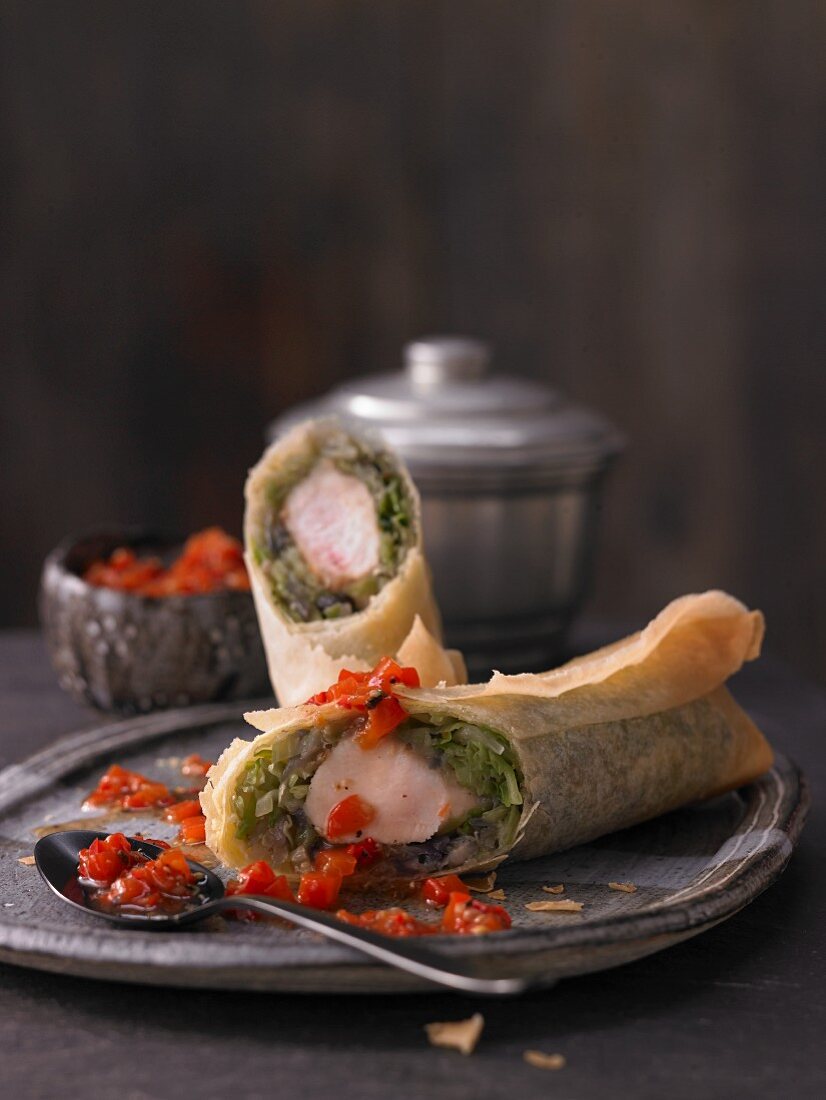 Spring rolls with braised savoy cabbage with saddle of rabbit fillet and a spicy pepper dip