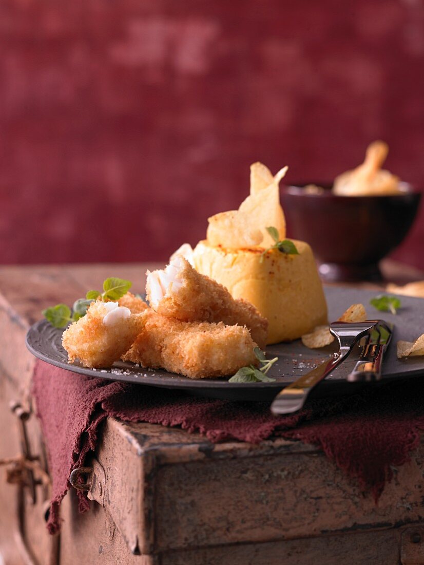 Turnip flan with crispy cod and potato crisps