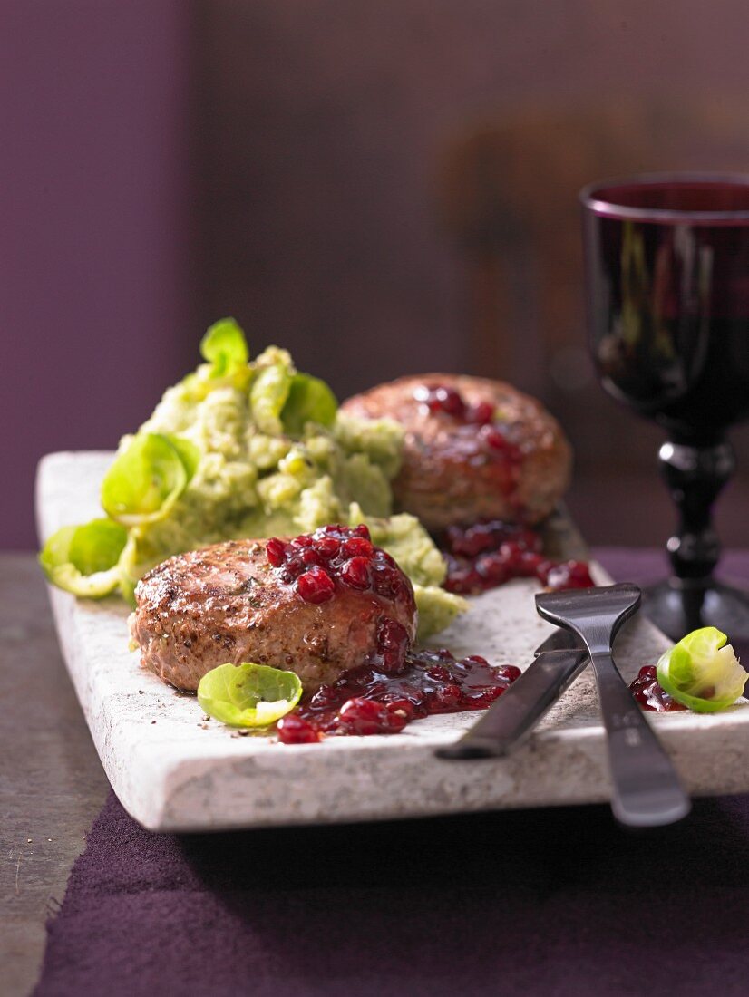 Mashed Brussels sprouts with profiteroles and lingonberries