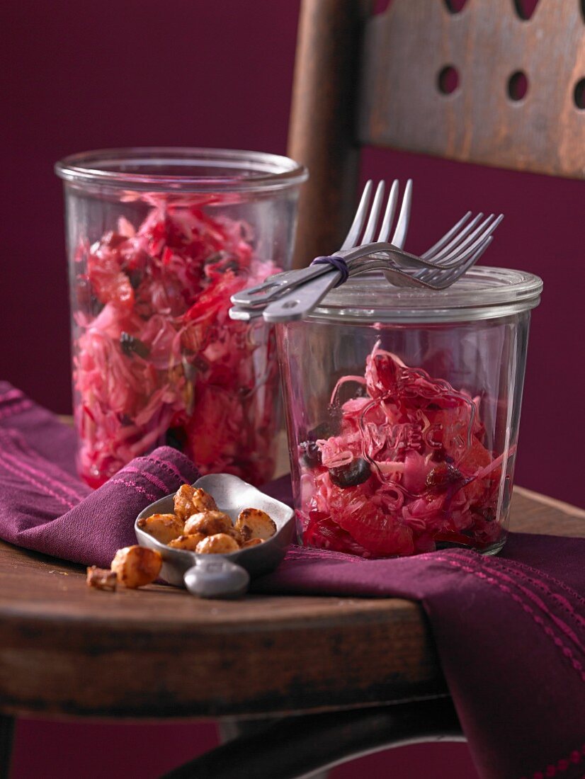 Red and white cabbage salad with beetroot, cranberries and grapefruit