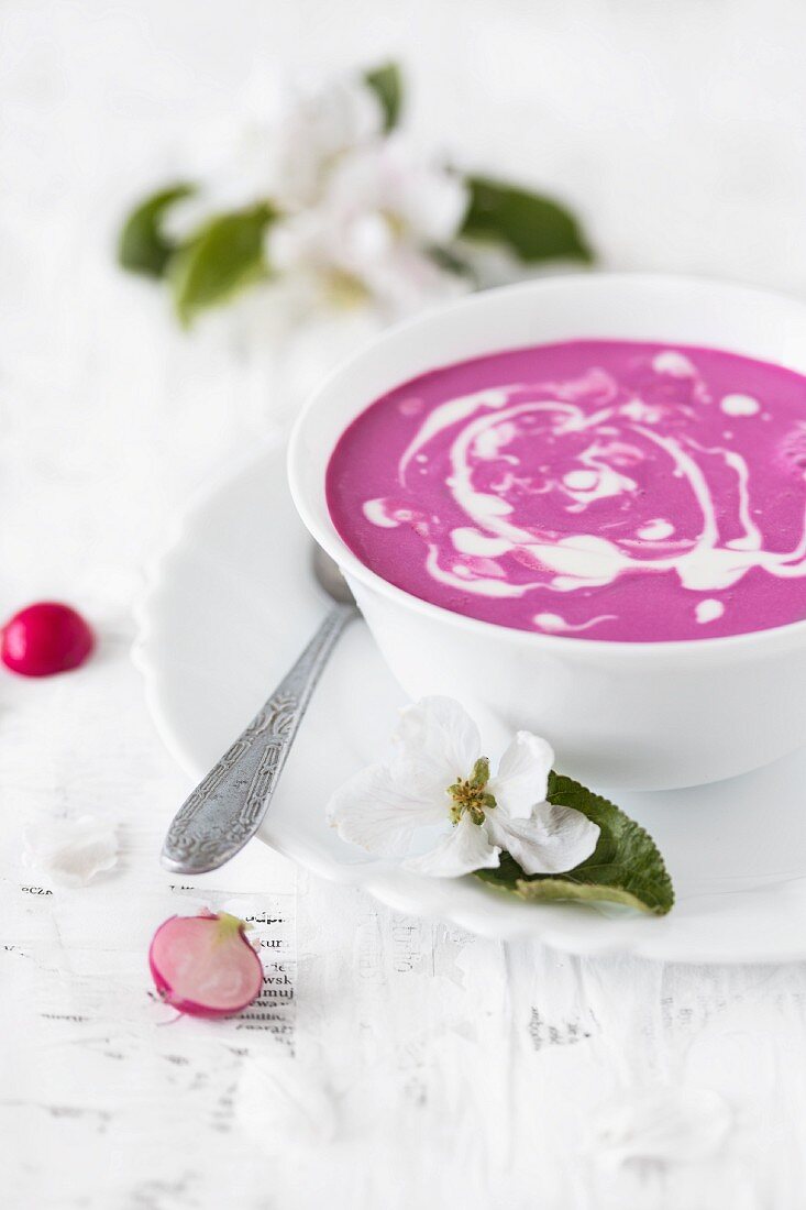 Chlodnik (kalte Rote-Bete-Suppe, Polen) mit Sauerrahm