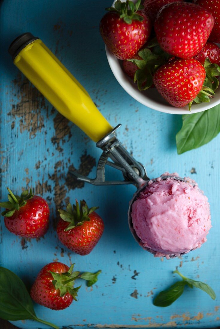 A scoop of strawberry ice cream in a scooper surrounded by fresh strawberries