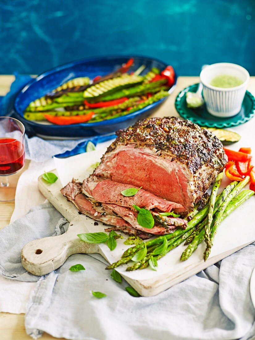 Herb crusted sirloin with grilled vegetables