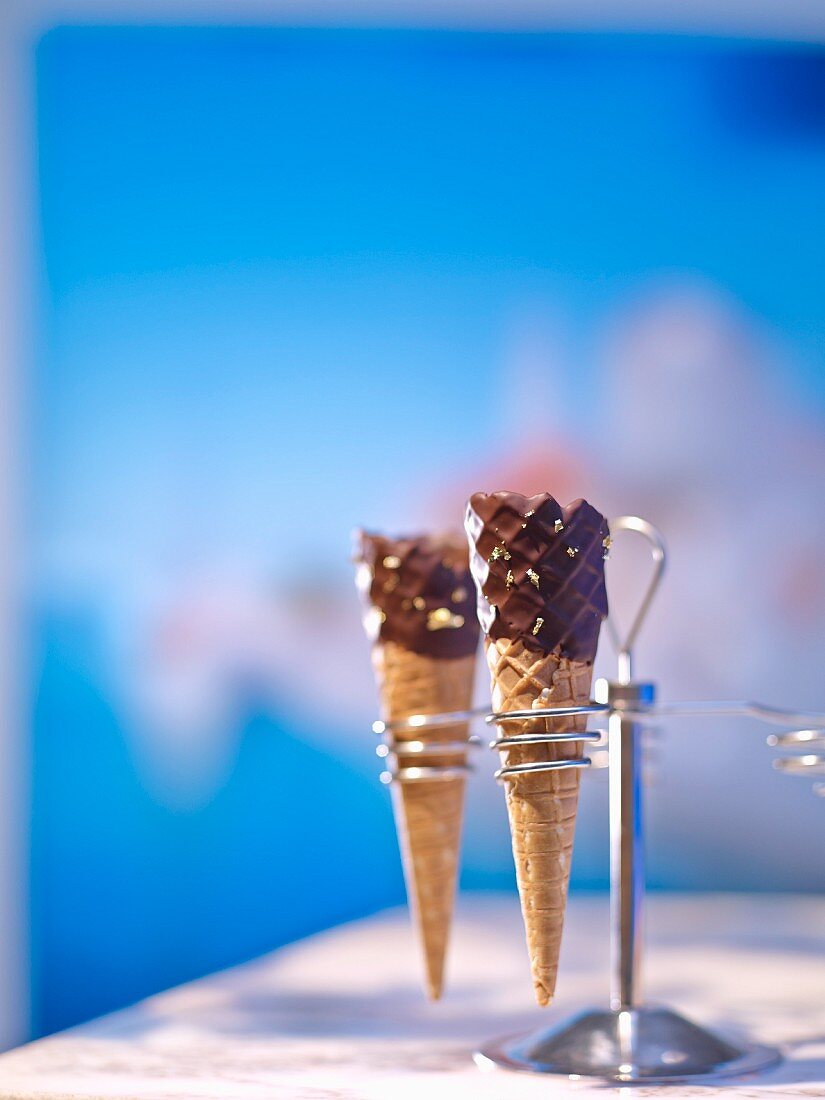 Chocolate ice cream cones in a cone holder