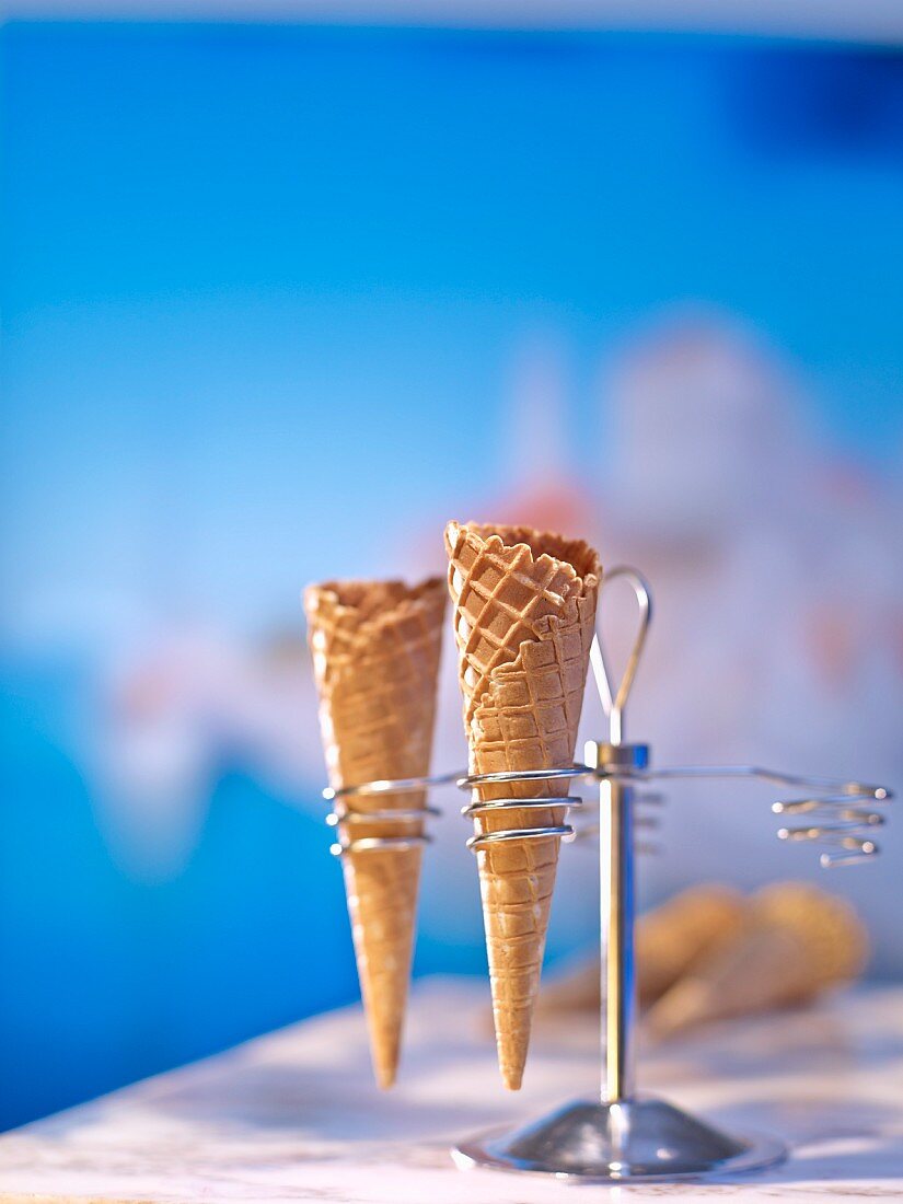 Two ice cream cones in a cone holder