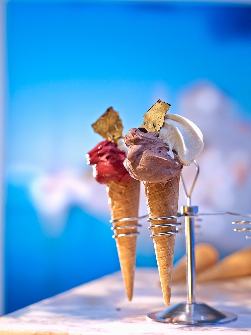 Two ice cream cones in a cone holder