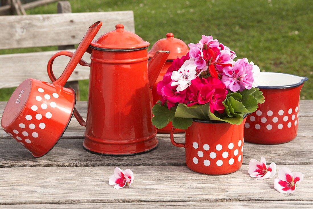 Rote Emaillekannen und rot-weiss gepunktete Milchtöpfe mit Geraniensträusschen, bäuerlicher Charme