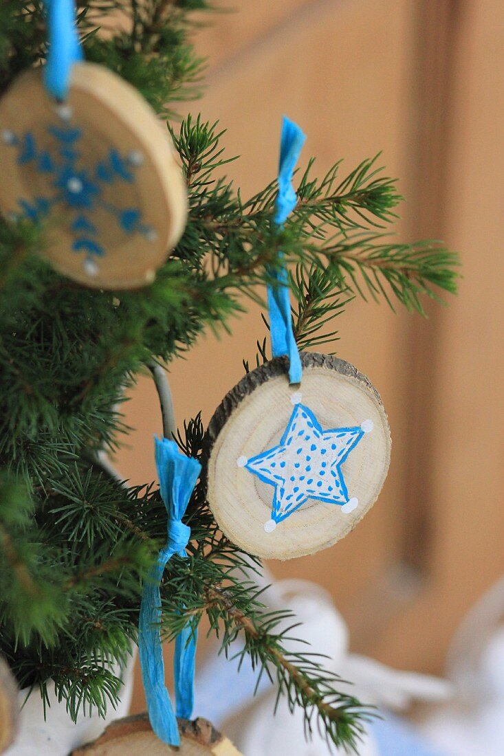 Small slices of tree trunk painted with blue and white star motifs hung from fir branches with blue ribbon