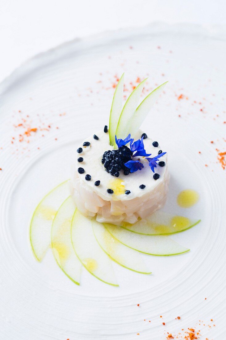 Scallop tatar with apples and smoked herring mousse from the restaurant L'Amphitryon in Lorient, Brittany, France