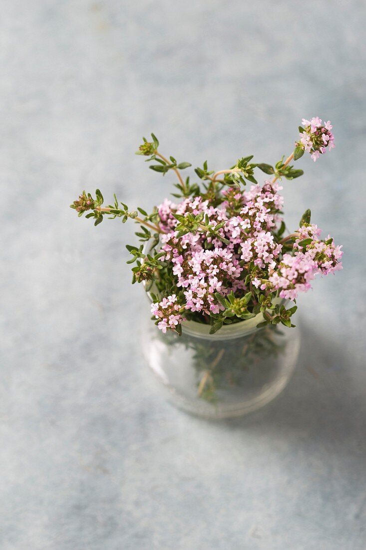 Fresh flowering thyme in a jar
