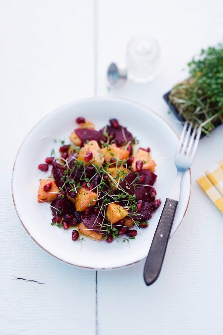 Beetroot salad with pineapple and pomegranate seeds