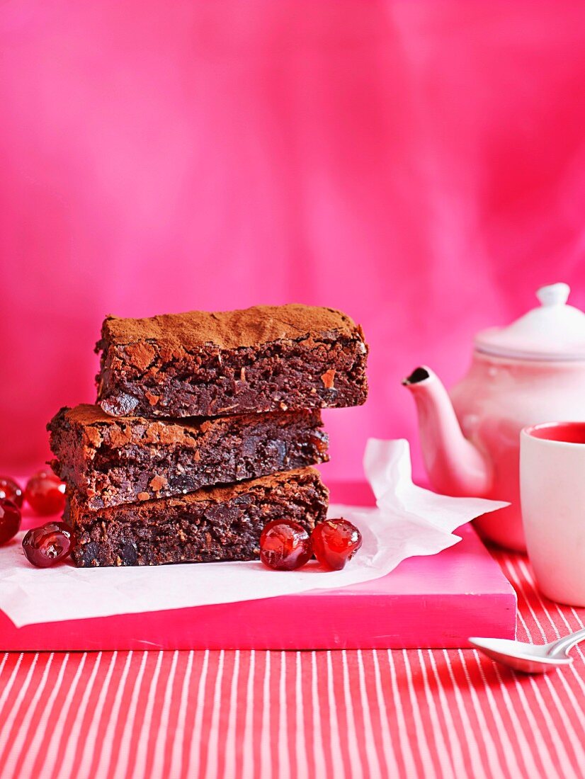 Three pieces of chocolate cherry cake from the tray