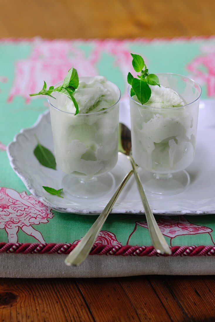 Basil ice cream with fresh mint