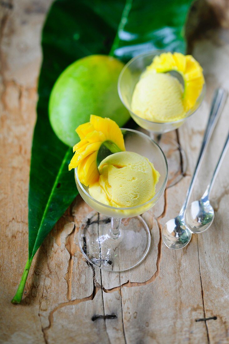 Mango ice cream with a mango fan