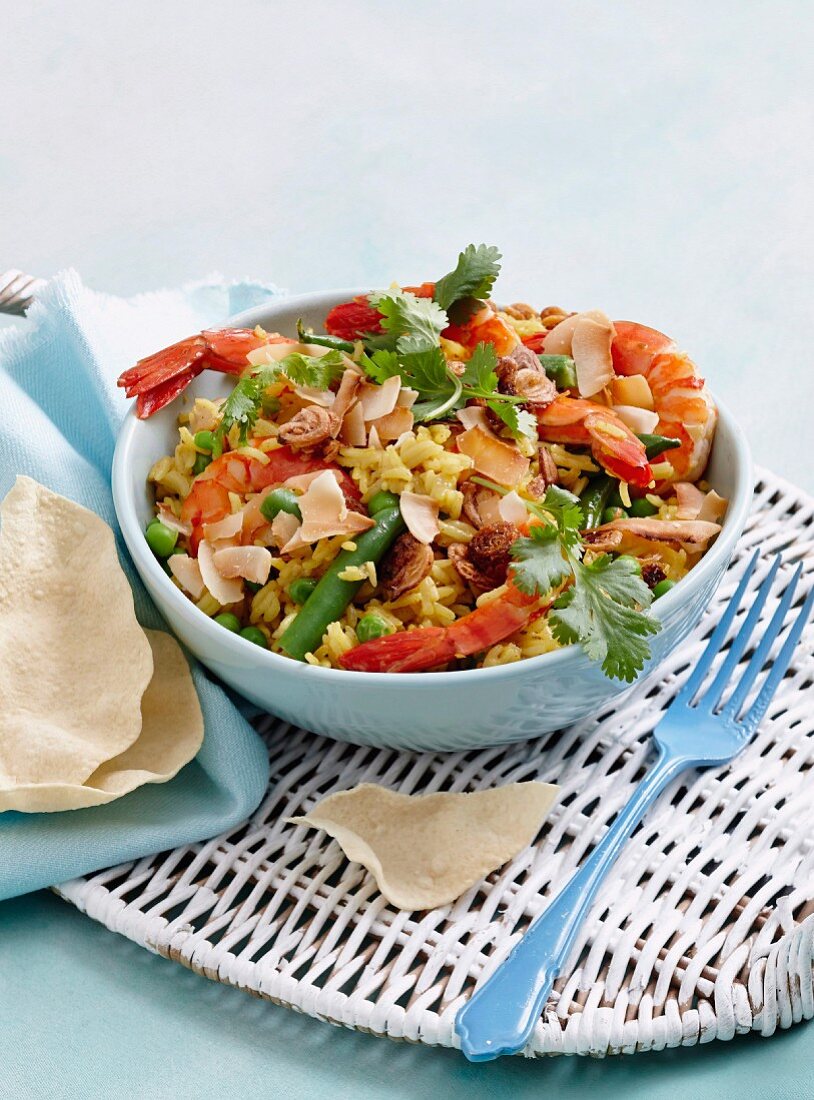 Korma rice with microwaved prawns