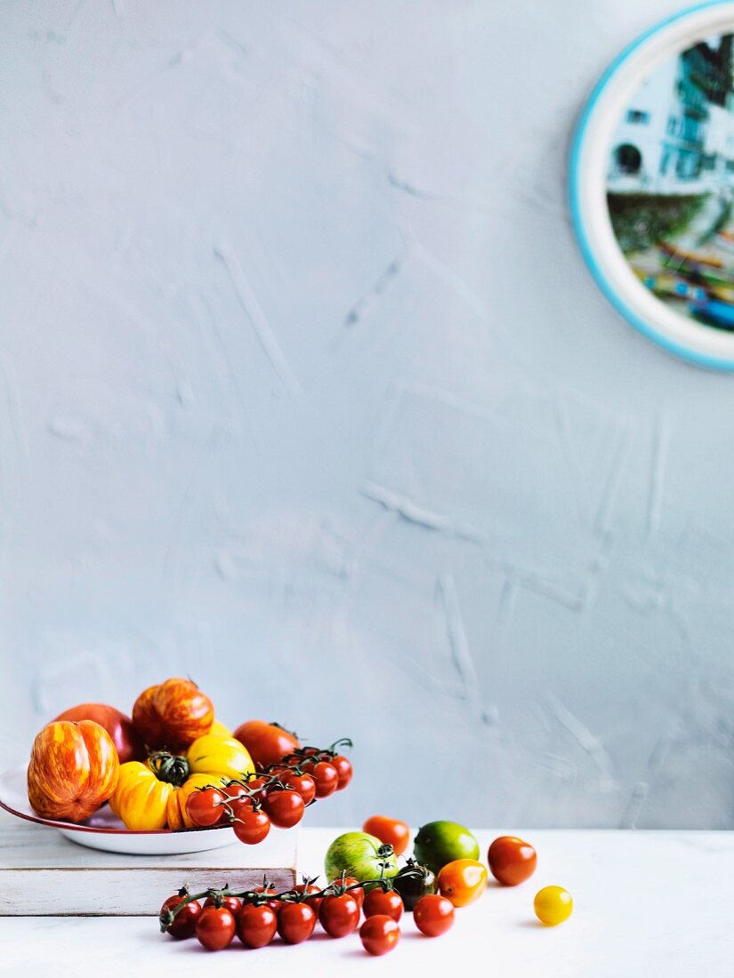 Still life with tomatoes in different colours