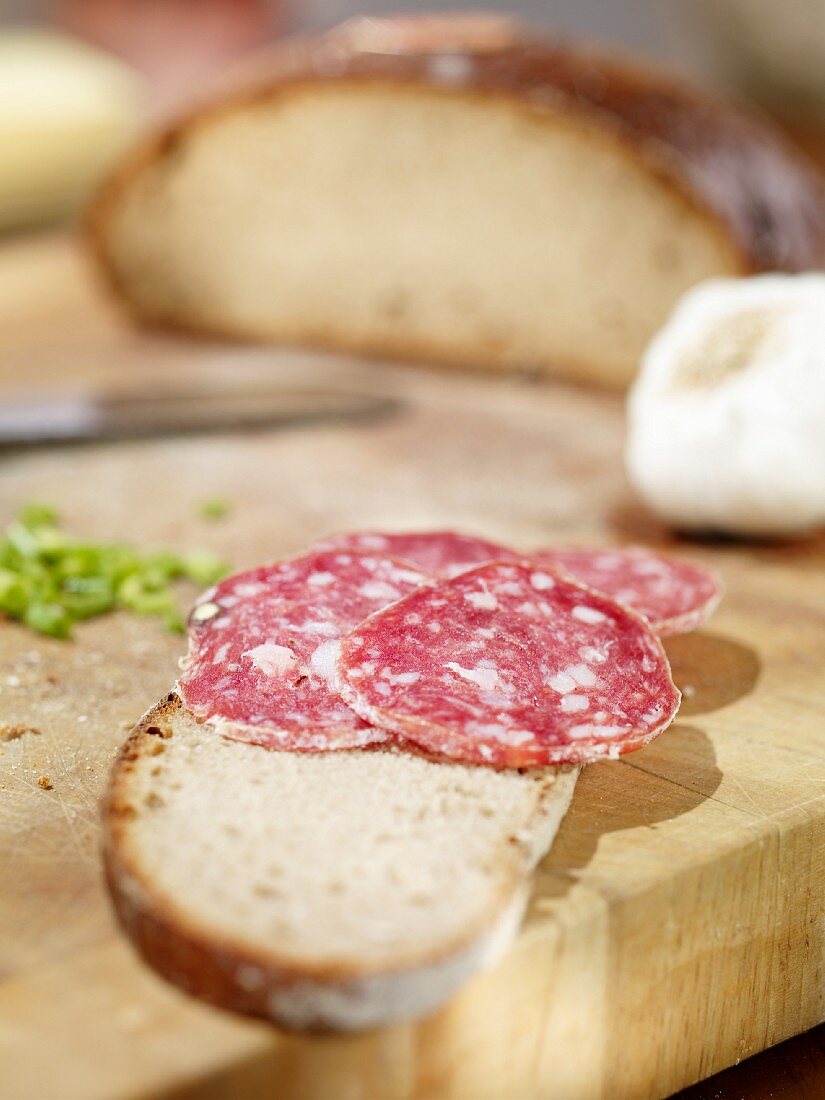 A slice of bread topped with salami on a wooden board