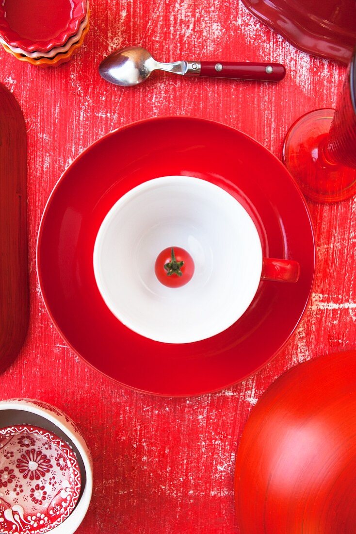 A view from above of a red place setting