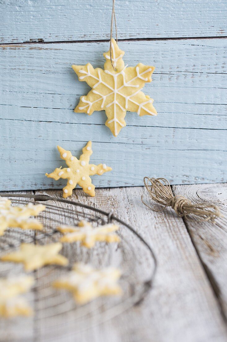 Iced snowflake biscuits for Christmas