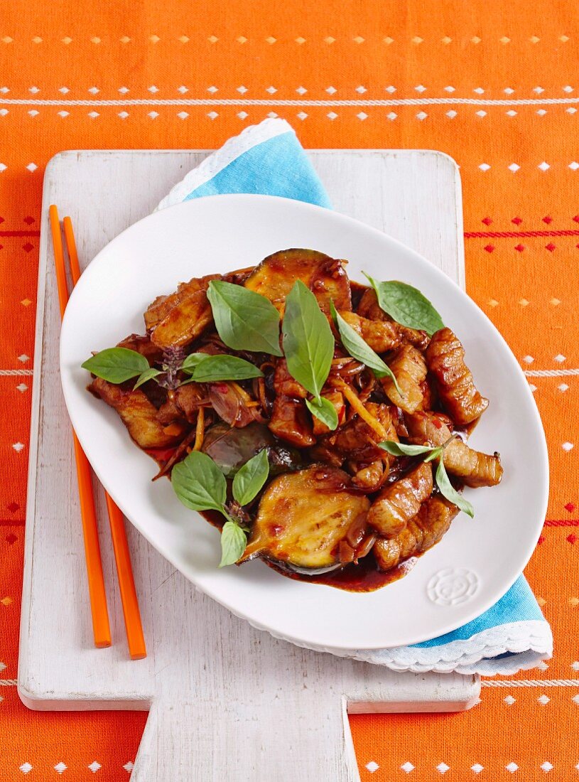 Hot and sour pork with aubergines from the wok