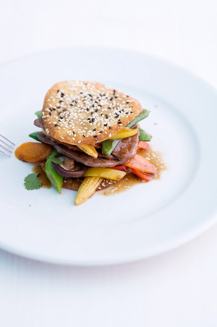 Japanese-style beef on a bed of vegetables