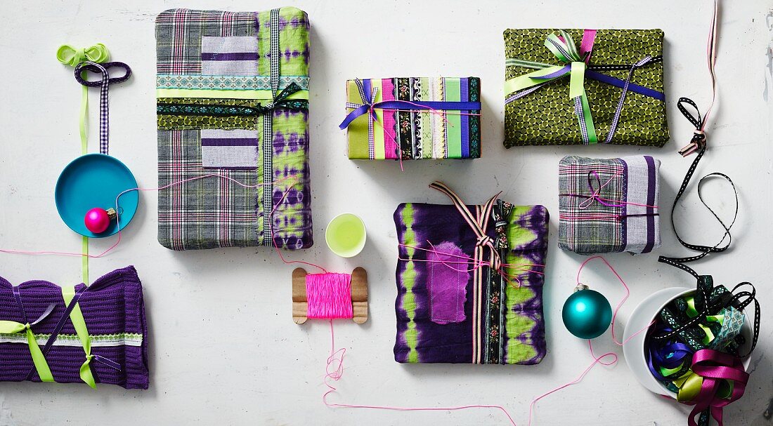 Gift-wrap ideas using fabrics and ribbons