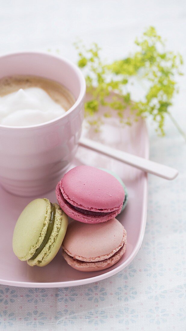 Four colourful macaroons with cafe latte and a sprig of lady's mantle