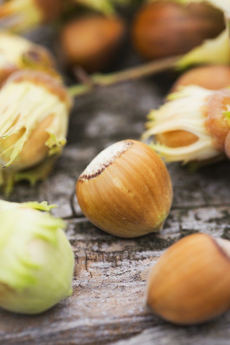Hazelnuts on a wooden surface (close-up)