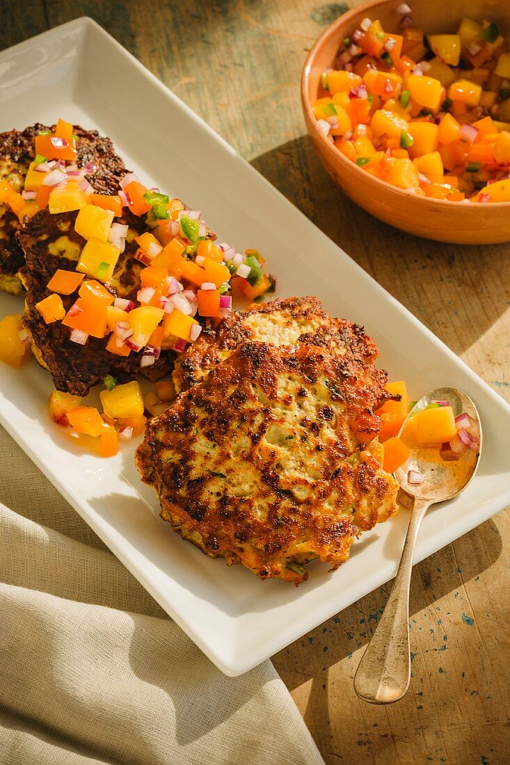 Chicken and courgette fritters served with nectarine salsa