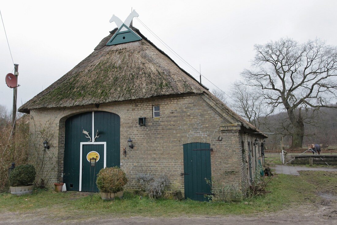 Old brick barn with thatched roof and dark blue doors in winter landscape