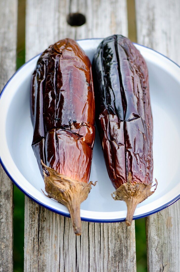 Two grilled aubergines