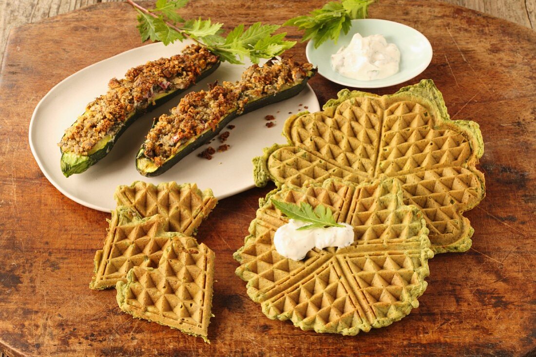 Home waffles with goat's cream cheese and stuffed courgettes